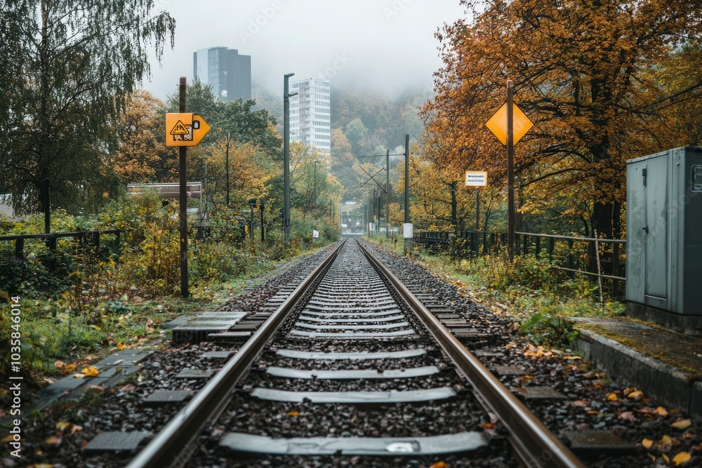 Fototapeta premium A View Down a Foggy Train Track Surrounded by Trees