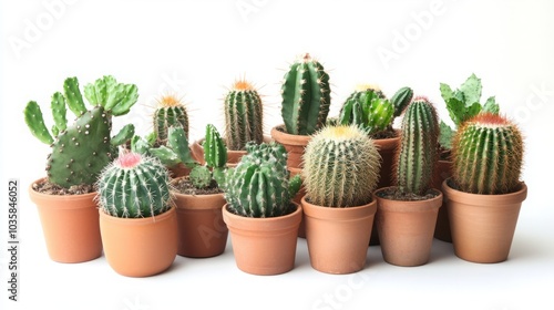 A beautiful collection of indoor cacti displayed in decorative pots against a clean white background, showcasing a variety of shapes and sizes.