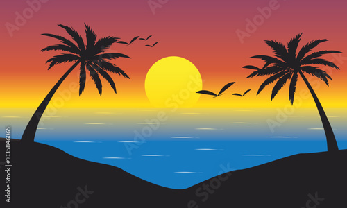 summer background with beach and silhouette of coconut trees in the afternoon