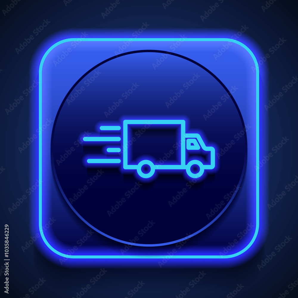 Fast delivery simple icon vector. Flat design. Blue neon style on button. With shadow Fast delivery simple icon vector. Flat design. Blue neon style on button. With shadow