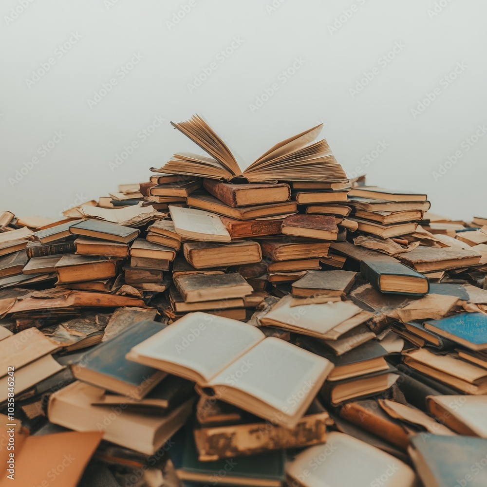 A large pile of books with an open book on top, symbolizing knowledge. A large pile of books with an open book on top, symbolizing knowledge.