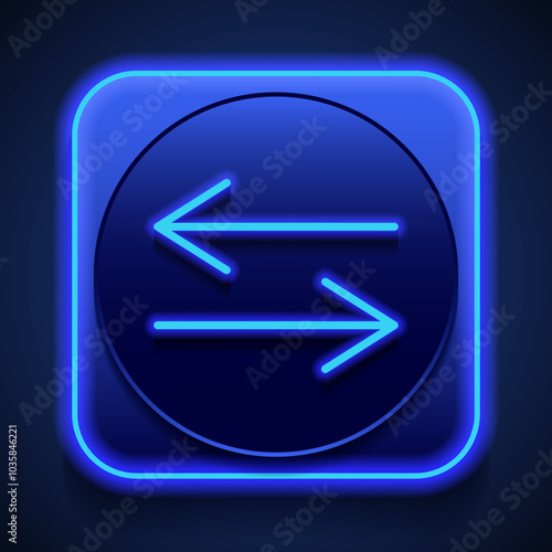 Exchange simple icon vector. Flat design. Blue neon style on button. With shadow