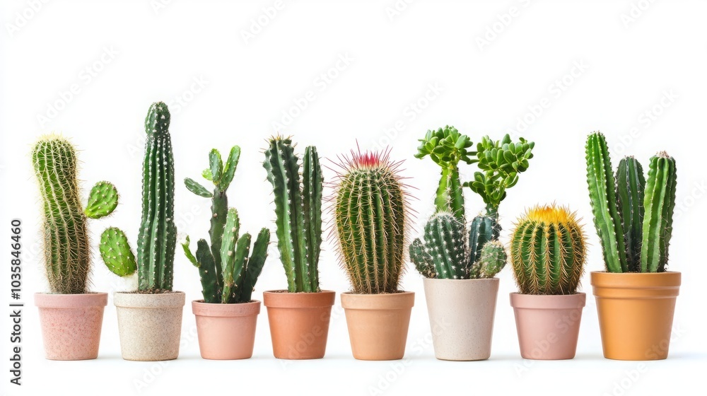 A beautiful collection of indoor cacti displayed in decorative pots against a clean white background, showcasing a variety of shapes and sizes. A beautiful collection of indoor cacti displayed in decorative pots against a clean white background, showcasing a variety of shapes and sizes.