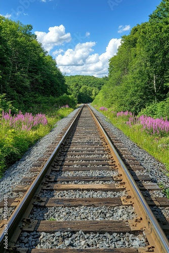 Railroad Tracks Through Forest With Blue Sky and White Clouds