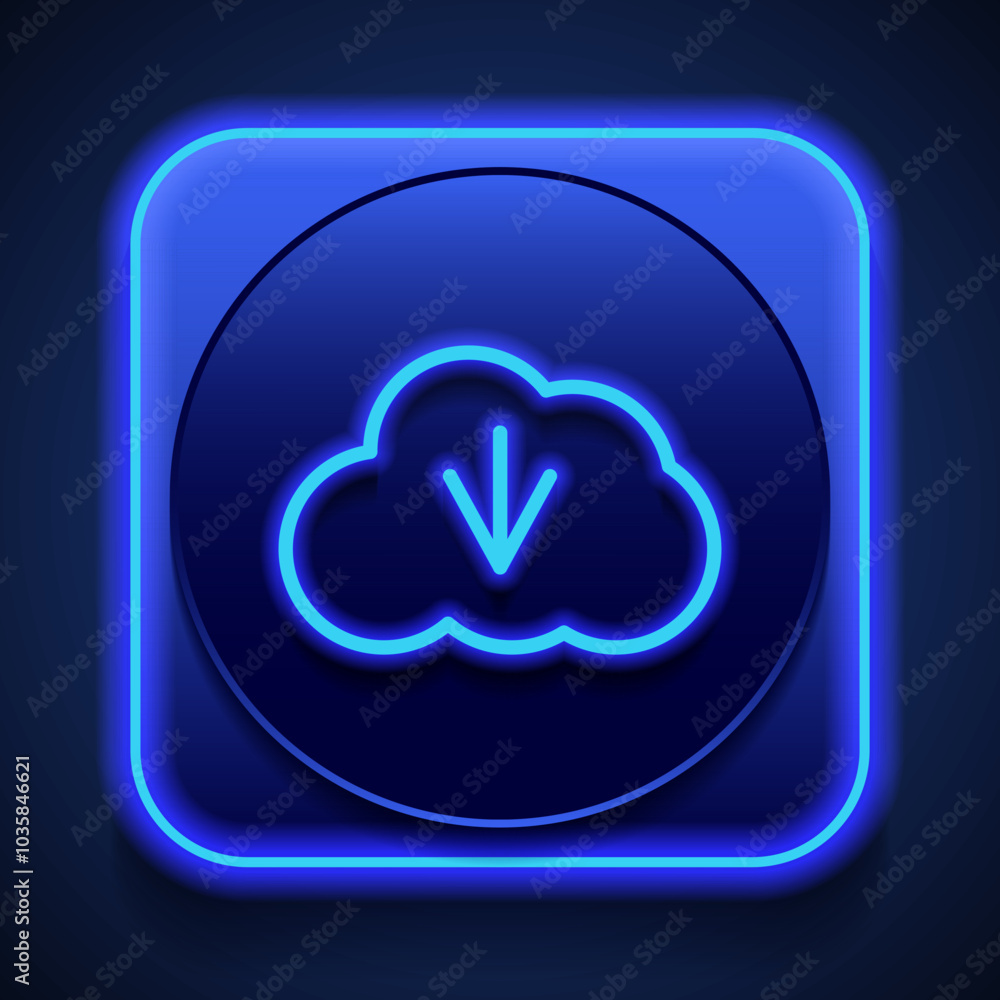 Download, cloud simple icon vector. Flat design. Blue neon style on button. With shadow Download, cloud simple icon vector. Flat design. Blue neon style on button. With shadow