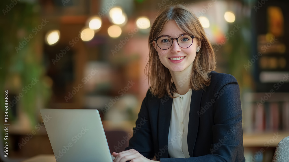 Happy young blond Caucasian girl wearing glasses looking at camera while sitting at office. Happy young blond Caucasian girl wearing glasses looking at camera while sitting at office.