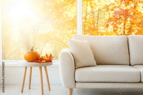Cozy living room adorned with autumn decor and a pumpkin beside a soft couch, highlighting the beauty of seasonal change next to a sunlit window