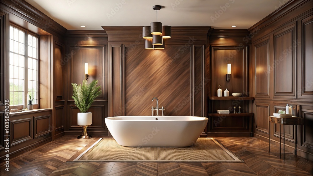 Fototapeta premium Luxurious brown bathroom with a large cozy bathtub