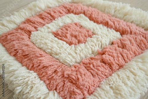 Close-up of a Pink and White Fluffy Rug with a Geometric Pattern