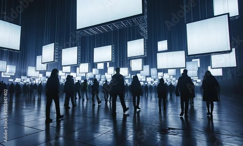 mocap, silhouettes of people walking past a white glowing screen in a pitch black room