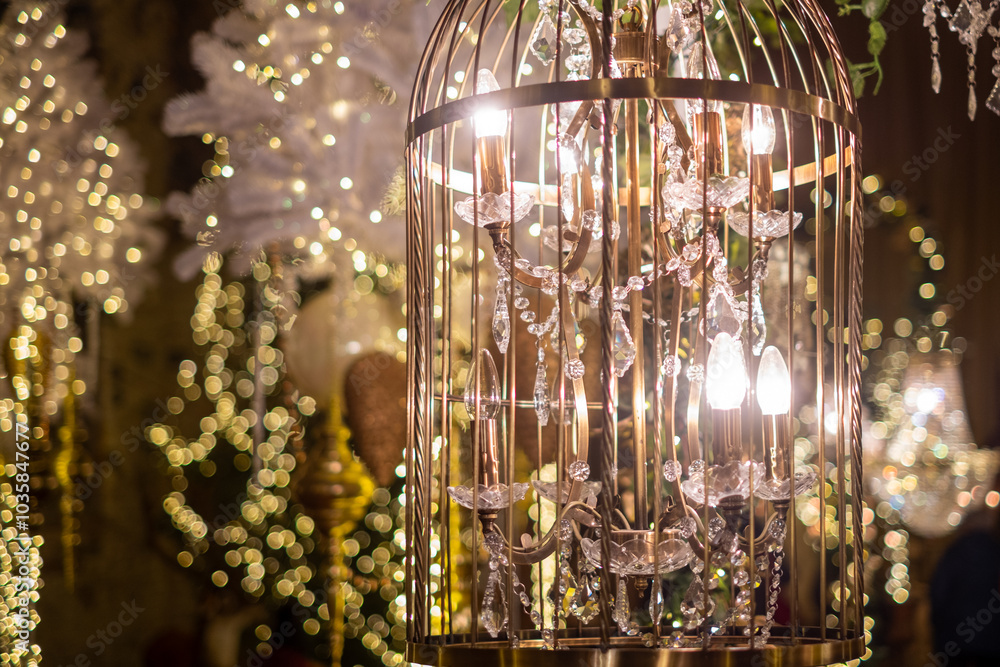 Elegant crystal chandelier surrounded by twinkling fairy lights in an opulent indoor setting enhanced with festive decor Elegant crystal chandelier surrounded by twinkling fairy lights in an opulent indoor setting enhanced with festive decor