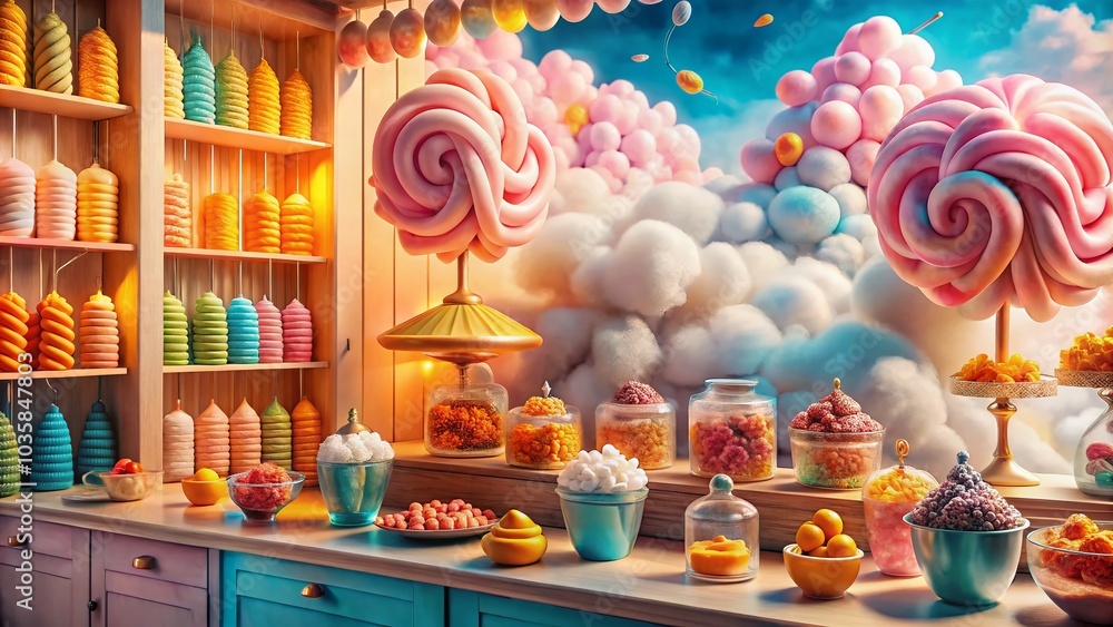 Sweet Shop Banner with Cotton Candy and Marshmallows for Kids Menus and Cafés Sweet Shop Banner with Cotton Candy and Marshmallows for Kids Menus and Cafés
