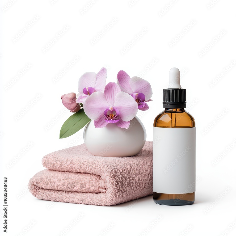 A serene arrangement featuring a dropper bottle, soft towels, and delicate purple orchids, creating a calming spa-like atmosphere. A serene arrangement featuring a dropper bottle, soft towels, and delicate purple orchids, creating a calming spa-like atmosphere.
