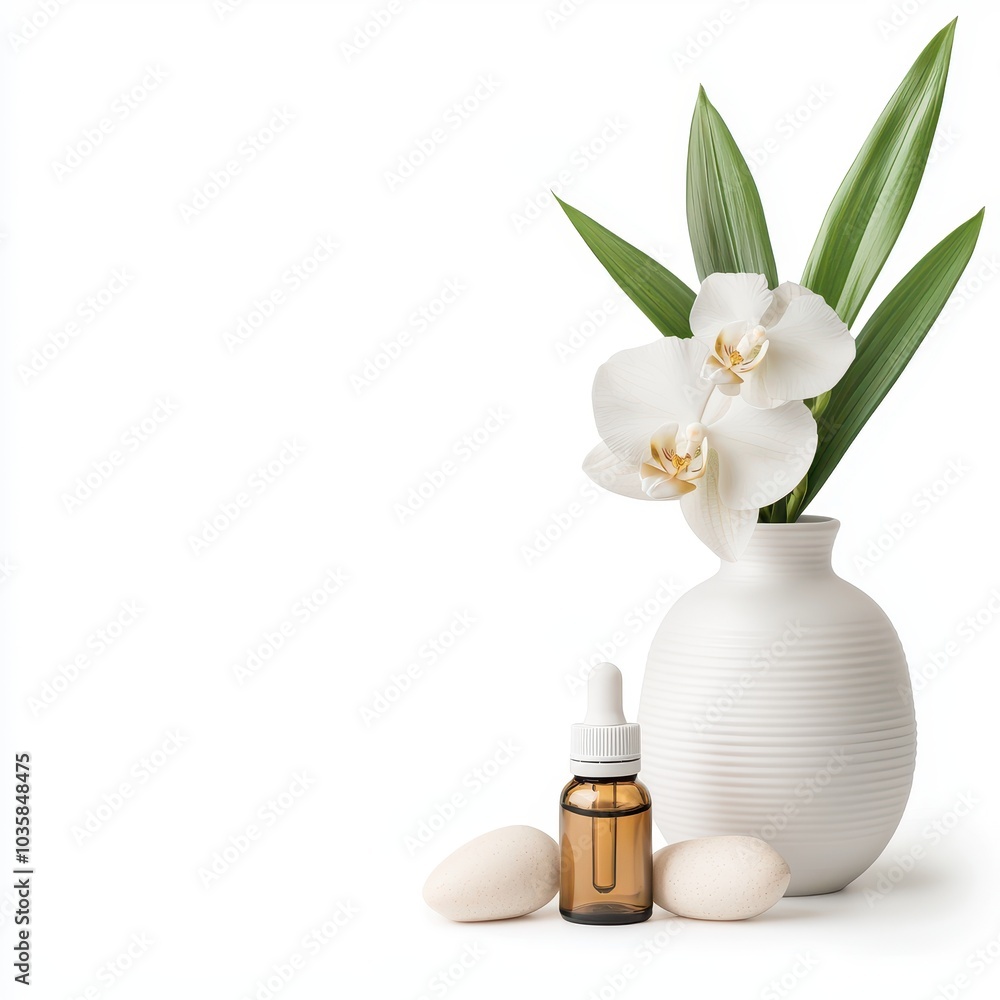 A serene arrangement featuring a white vase, an orchid, essential oil bottle, and smooth stones, symbolizing relaxation and wellness. A serene arrangement featuring a white vase, an orchid, essential oil bottle, and smooth stones, symbolizing relaxation and wellness.