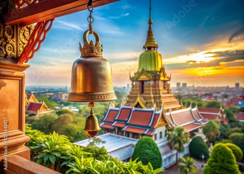 Thai Hanging Bell at Wat Phra Pathommachedi with Mallet - Serene Southeast Asia Scene photo