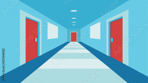 Wide Hallways A clinic interior scene featuring spacious hallways that allow for easy navigation with an arrow indicating a clear path and minimal obstacles.