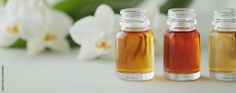 Three glass bottles filled with various essential oils, set against a backdrop of white orchids, creating a serene and aromatic atmosphere. Three glass bottles filled with various essential oils, set against a backdrop of white orchids, creating a serene and aromatic atmosphere.