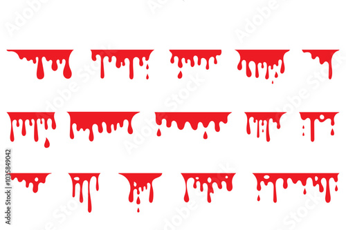 Hand drawn flowing blood splash collection. Blood dripping, halloween bundle, paint for horror. Vector illustration of Blood stains and splatter.