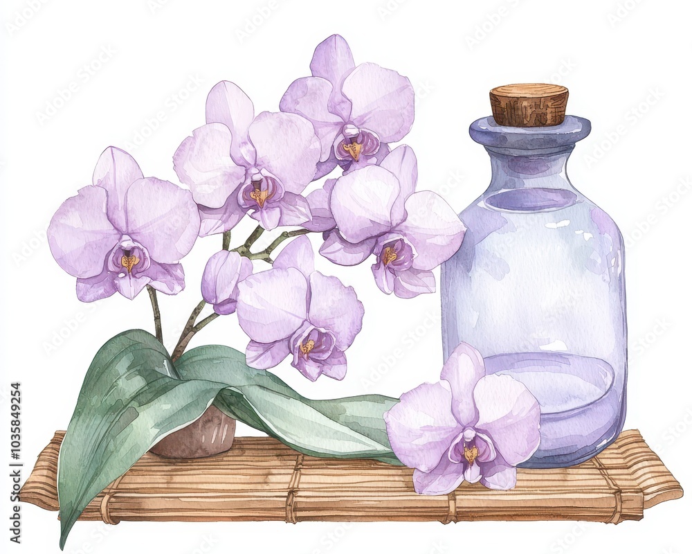 A beautiful arrangement of lavender orchids beside a glass bottle, set on a natural mat, showcasing elegance and nature’s beauty. A beautiful arrangement of lavender orchids beside a glass bottle, set on a natural mat, showcasing elegance and nature’s beauty.