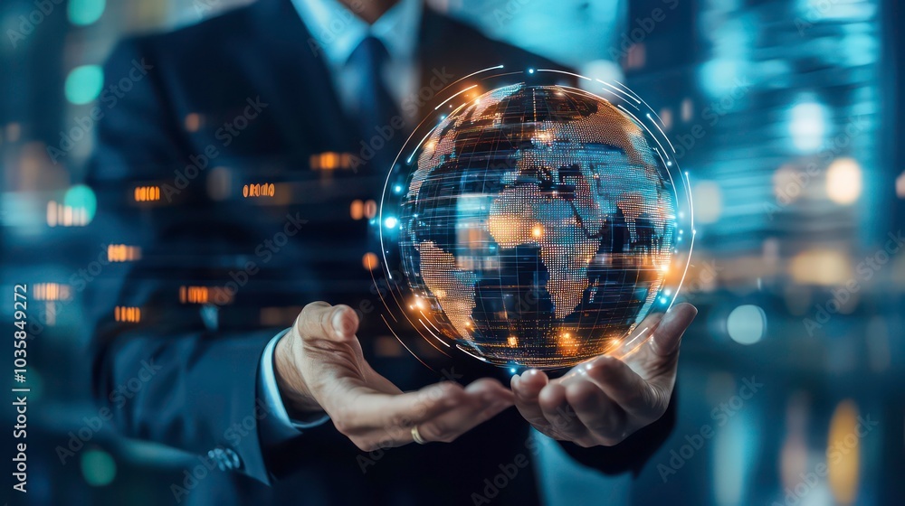 A businessman holds a glowing, digital globe in his hands, representing global connection and innovation. A businessman holds a glowing, digital globe in his hands, representing global connection and innovation.