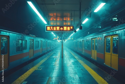 Empty Subway Platform with Trains and Neon Signs