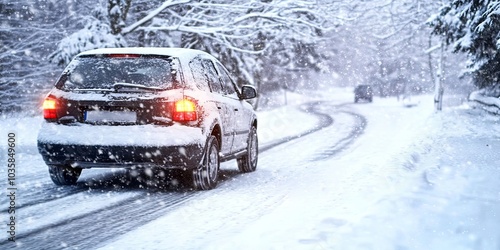 Car Driving on Snowy Road in Winter