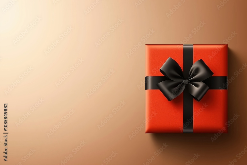 Elegant red gift box with a black ribbon against a warm, neutral background Elegant red gift box with a black ribbon against a warm, neutral background