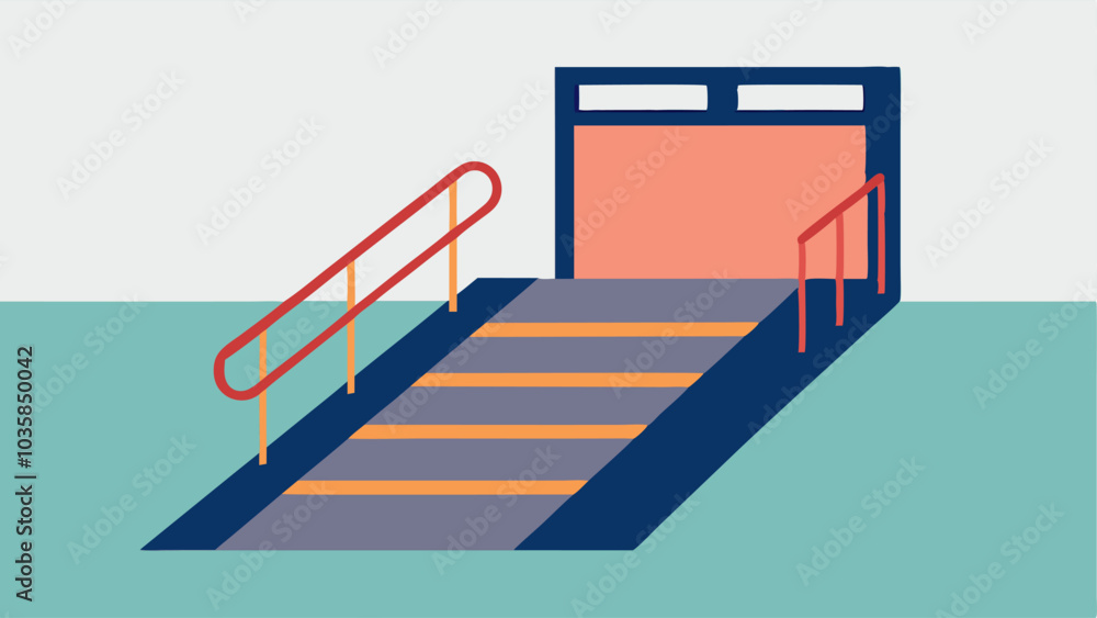 Wheelchair Ramp Access An illustration showing a ramp leading up to a bus or train platform with tactile indicators along the edge to guide users with mobility devices. Wheelchair Ramp Access An illustration showing a ramp leading up to a bus or train platform with tactile indicators along the edge to guide users with mobility devices.