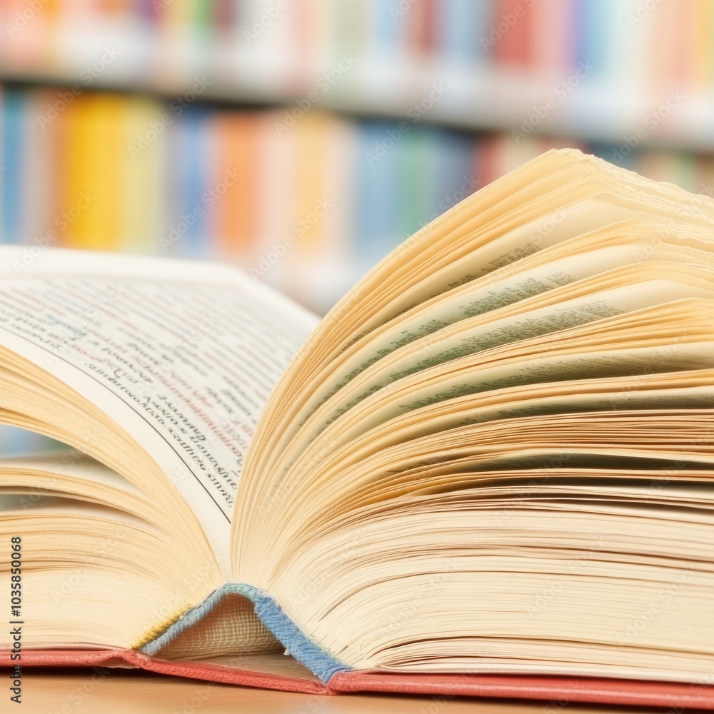 Obraz premium An open book with pages fanned, set against a blurred bookshelf background.