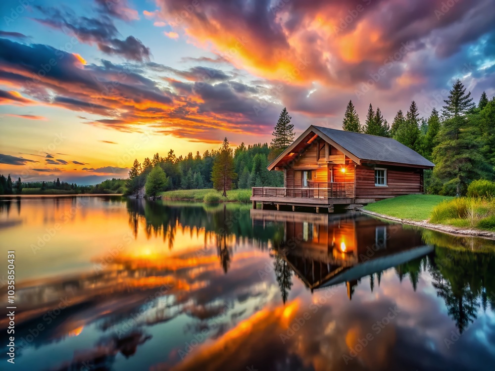 Fototapeta premium Tranquil Log Cabin by Lake at Sunset - Long Exposure Photography for Nature Lovers