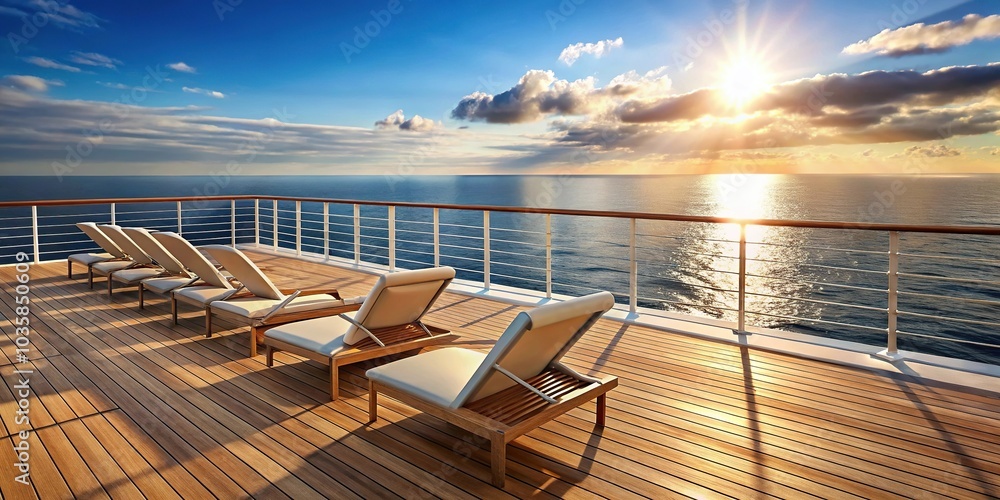 Obraz premium Luxury cruise ship deck with lounge chairs and ocean horizon close-up