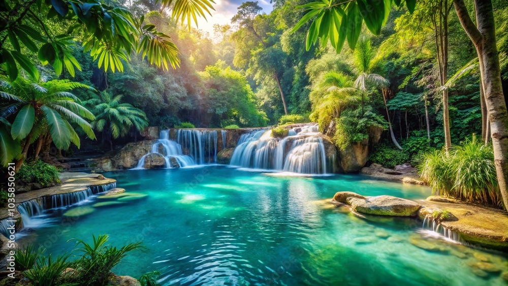 Tranquil Turquoise Pool with Cascading Waterfalls in Lush Tropical Paradise Tranquil Turquoise Pool with Cascading Waterfalls in Lush Tropical Paradise