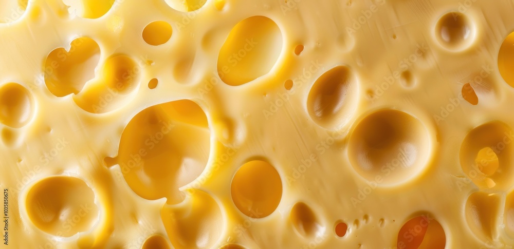 Close-up of Swiss cheese with large holes and smooth texture Close-up of Swiss cheese with large holes and smooth texture