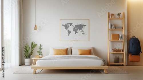 Travel-Themed Bedroom with Globe, Vintage Suitcase, and World Map Decor