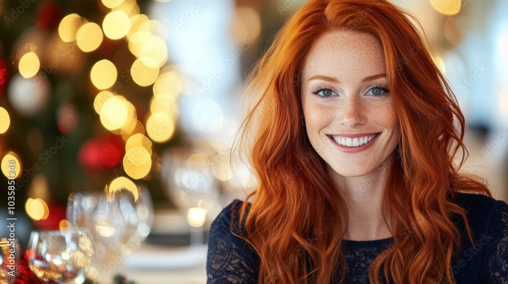 Smiling redhead woman at festive Christmas dinner with bokeh lights in background Smiling redhead woman at festive Christmas dinner with bokeh lights in background