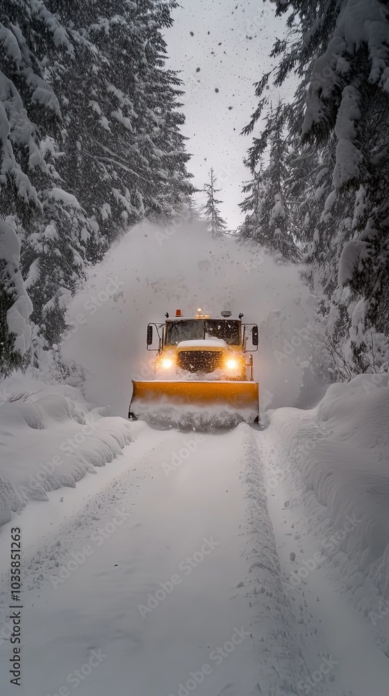 Snow Plow Clearing Snowy Road in Forest Snow Plow Clearing Snowy Road in Forest