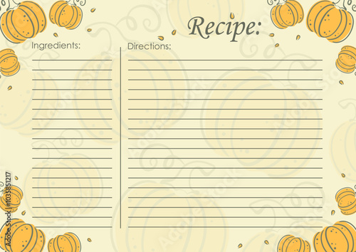 Recipe card template, vegetable blank. Rape pumpkin cooking list. Cartoon recipe card