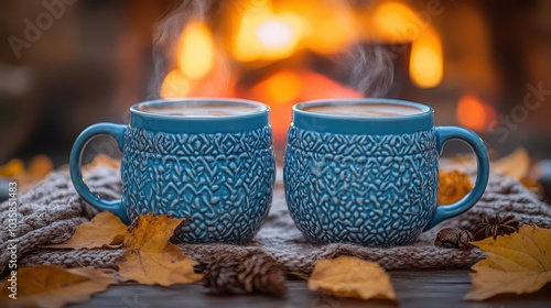 two steaming mugs of coffee placed invitingly by a crackling fireplace creating a cozy autumn evening scene filled with warmth comfort and a sense of relaxation