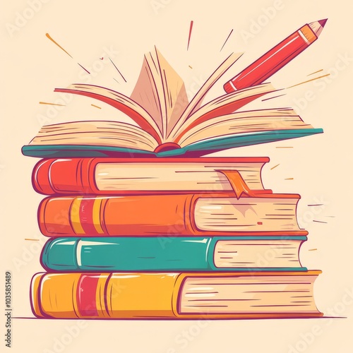A stack of colorful books with an open book and a pencil.
