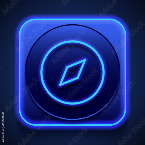 Compass icon, vector. Flat design. Blue neon style on button. With shadow