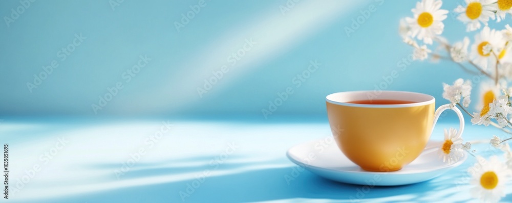 Yellow teacup on blue background with daisies in sunlight. Tea day concept Yellow teacup on blue background with daisies in sunlight. Tea day concept