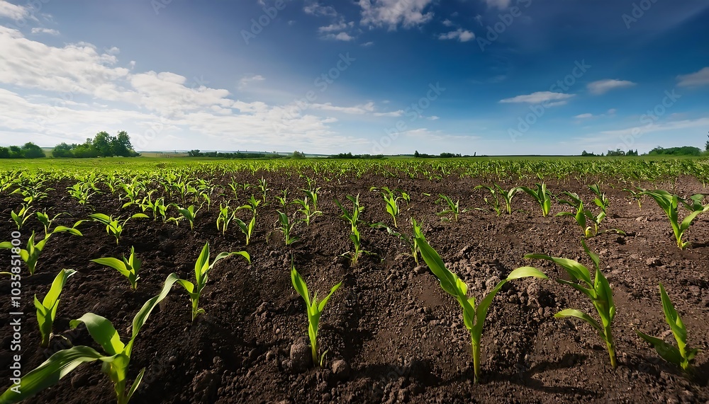 A vibrant field of fresh corn sprouts reaching for the sun under a clear blue sky in early summer. Generative AI A vibrant field of fresh corn sprouts reaching for the sun under a clear blue sky in early summer. Generative AI