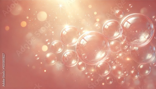 A soft, dreamy image of transparent, light pink bubbles floating in a luminous, warm peach-toned background