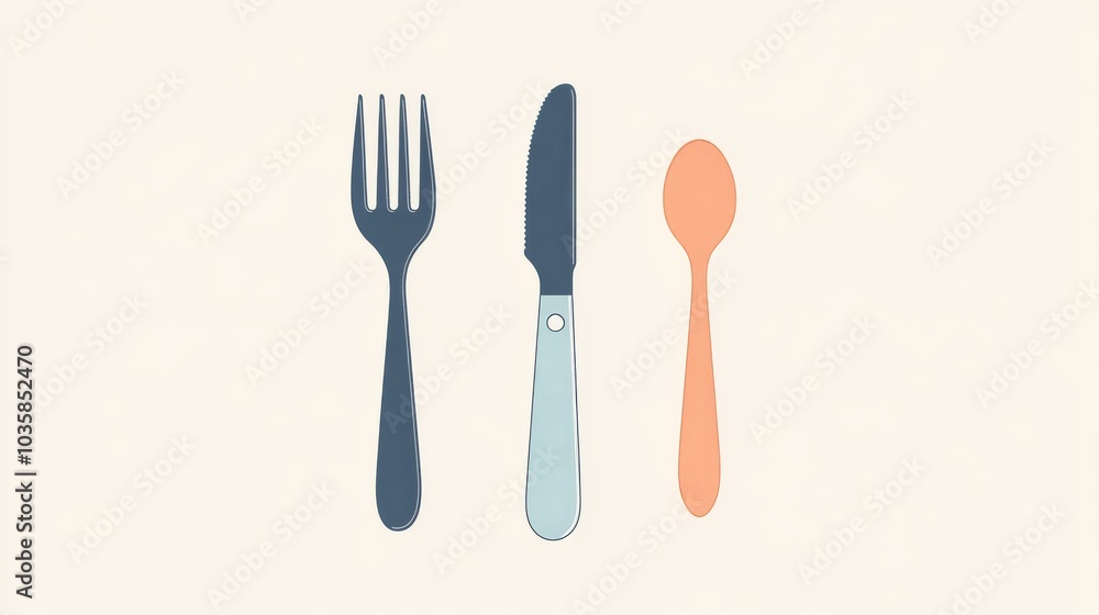 A blue fork, knife and a pink spoon isolated on a white background. A blue fork, knife and a pink spoon isolated on a white background.
