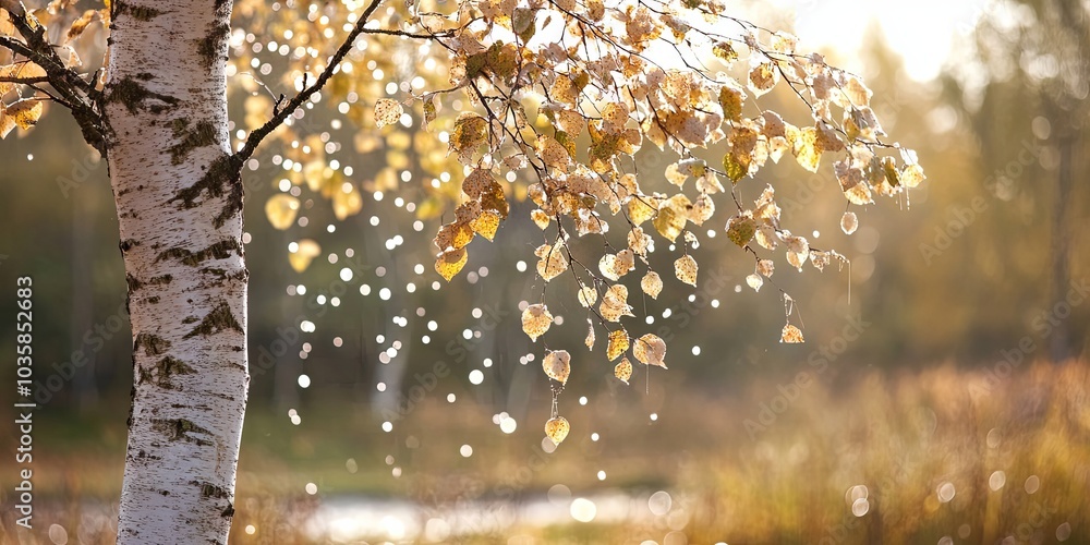 Naklejka premium Autumn Leaves on Birch Tree with Golden Sunlight