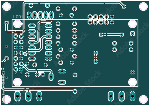 Tracing conductors of printed circuit board
of electronic device. Vector engineering 
drawing of pcb. Electric background.
Computer technic cad design.