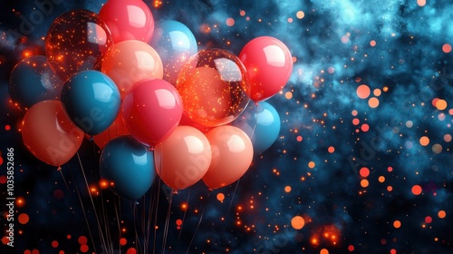 Wallpaper Mural Vibrant cluster of red and blue balloons with shimmering sparkles against a cosmic background. Torontodigital.ca