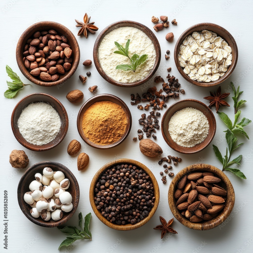 Assorted spices and grains beautifully arranged in wooden bowls on a white background. Assorted spices and grains beautifully arranged in wooden bowls on a white background.