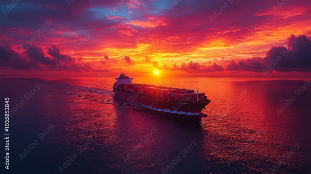A cargo ship moves steadily through tranquil waters, accentuated by a stunning sunset. Vibrant hues of orange and purple fill the sky, creating a peaceful yet breathtaking atmosphere. A cargo ship moves steadily through tranquil waters, accentuated by a stunning sunset. Vibrant hues of orange and purple fill the sky, creating a peaceful yet breathtaking atmosphere.