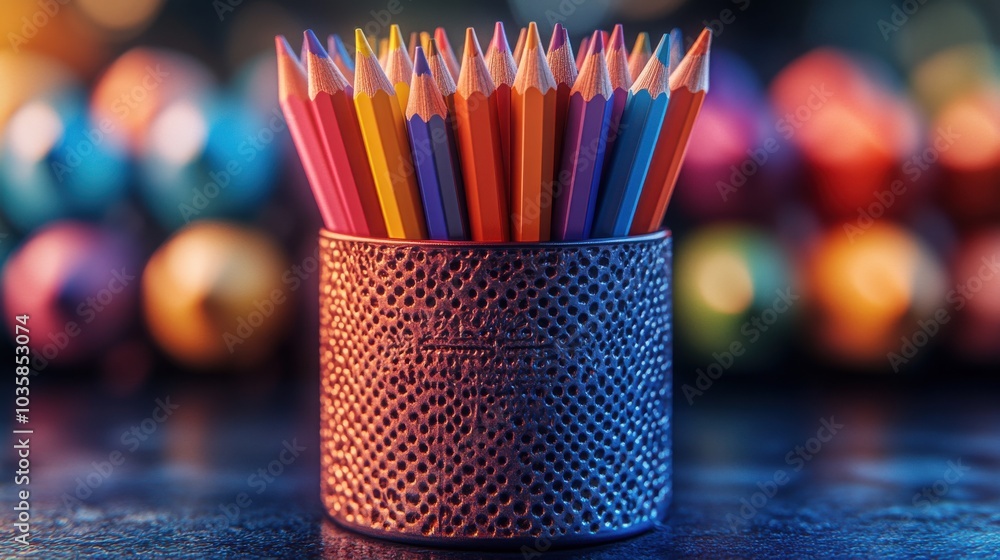 Vibrant colored pencils in a metal holder, creating a lively and artistic atmosphere. Vibrant colored pencils in a metal holder, creating a lively and artistic atmosphere.
